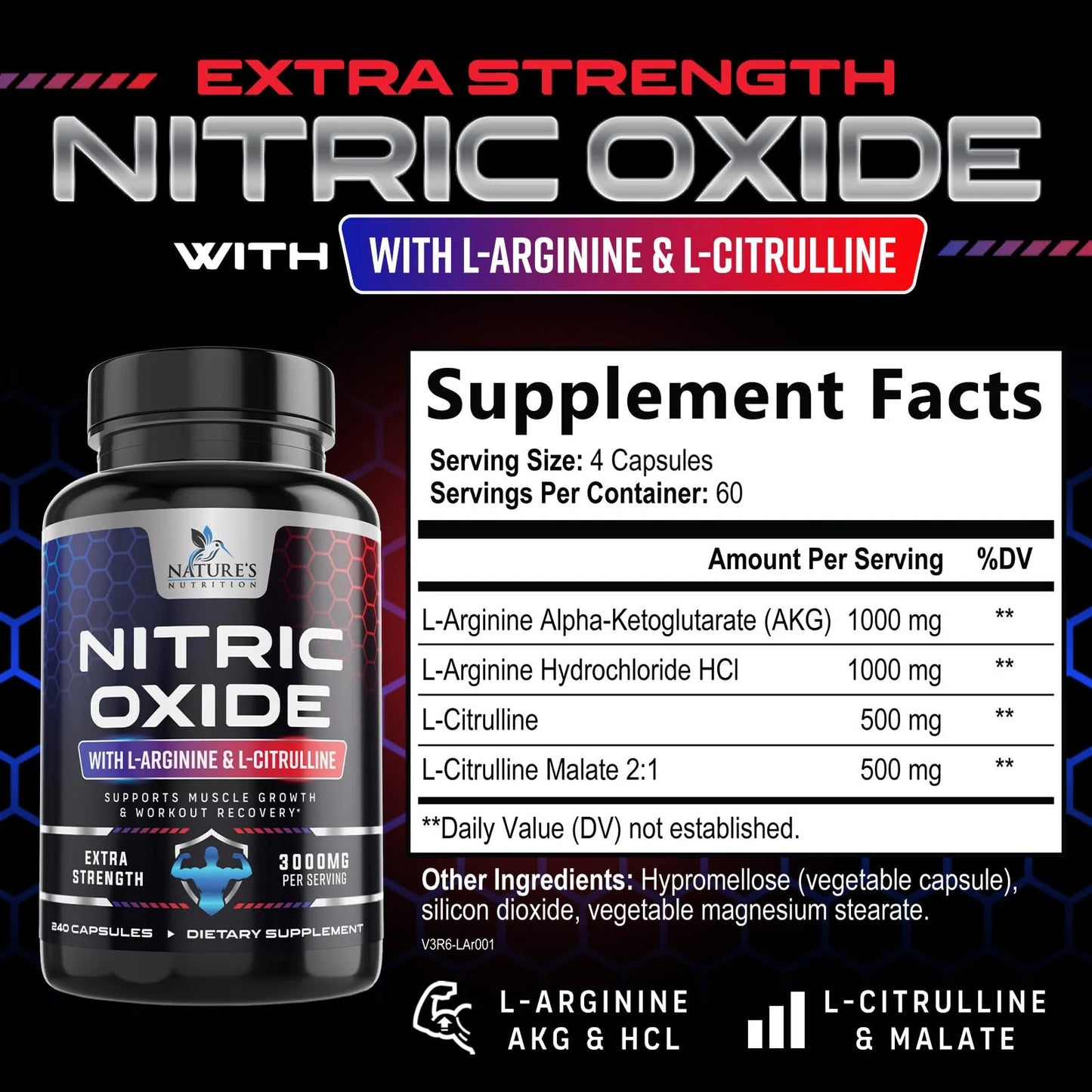 Nitric Oxide Booster Extra Strength - L Arginine 3X Strength Nitric Oxide Support Supplements for Men and Women, Citrulline Muscle, Heart Health, & Energy Support Supplement, Non-Gmo - 240 Capsules
