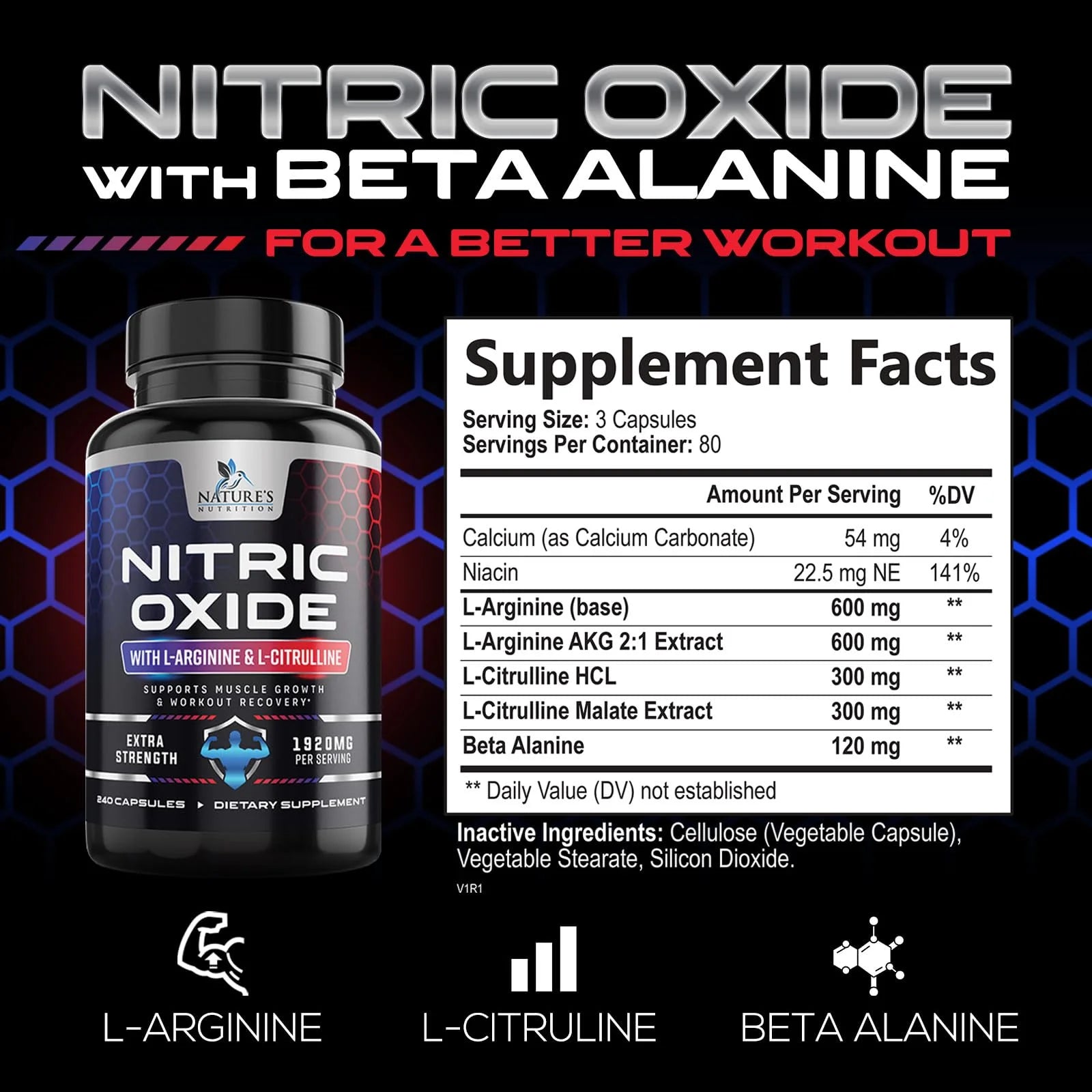 Nitric Oxide Booster Extra Strength - L Arginine 3X Strength Nitric Oxide Support Supplements for Men and Women, Citrulline Muscle, Heart Health, & Energy Support Supplement, Non-Gmo - 240 Capsules