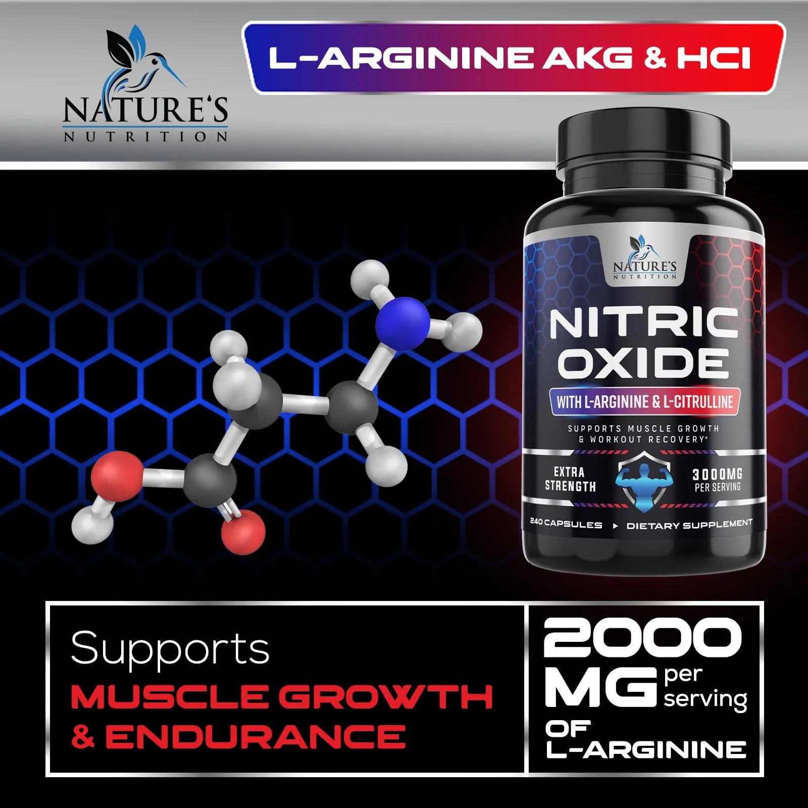 Nitric Oxide Booster Extra Strength - L Arginine 3X Strength Nitric Oxide Support Supplements for Men and Women, Citrulline Muscle, Heart Health, & Energy Support Supplement, Non-Gmo - 240 Capsules