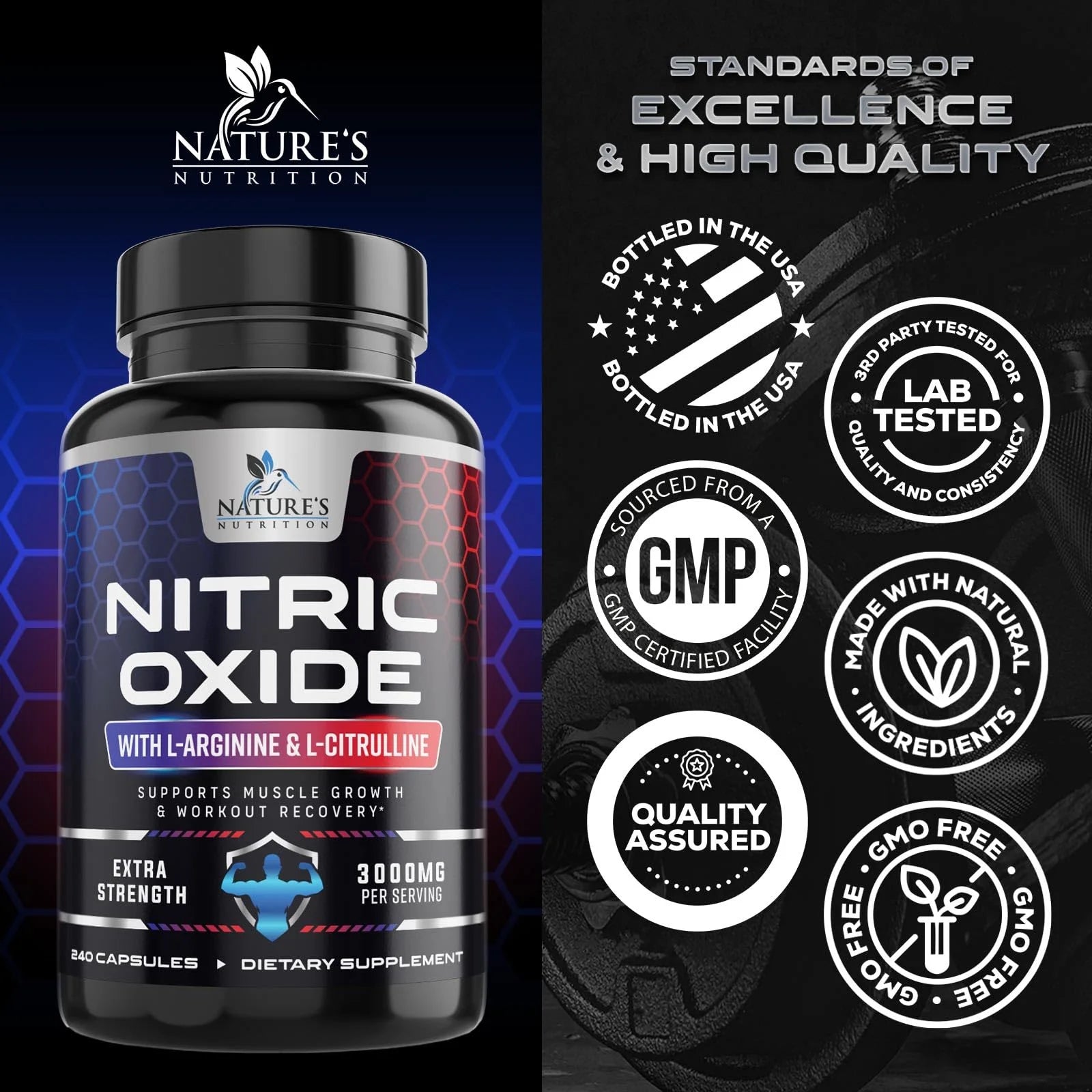 Nitric Oxide Booster Extra Strength - L Arginine 3X Strength Nitric Oxide Support Supplements for Men and Women, Citrulline Muscle, Heart Health, & Energy Support Supplement, Non-Gmo - 240 Capsules