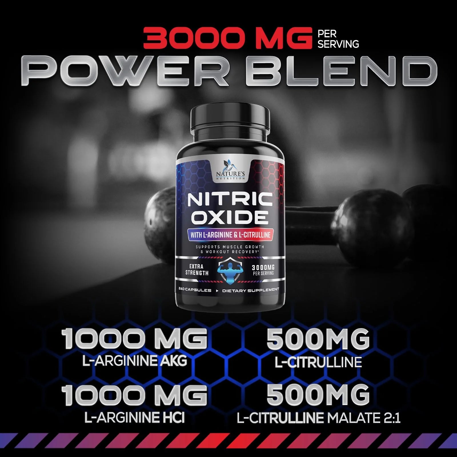 Nitric Oxide Booster Extra Strength - L Arginine 3X Strength Nitric Oxide Support Supplements for Men and Women, Citrulline Muscle, Heart Health, & Energy Support Supplement, Non-Gmo - 240 Capsules